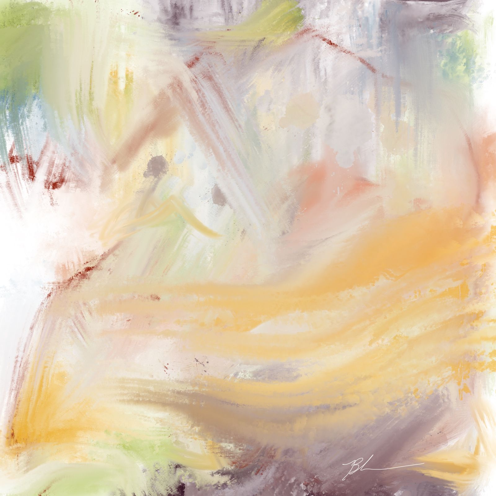 Non-objective painting of loose, sweeping strokes of buttery yellow, blush pink and pale green over creamy white, with fine rust-colored lines