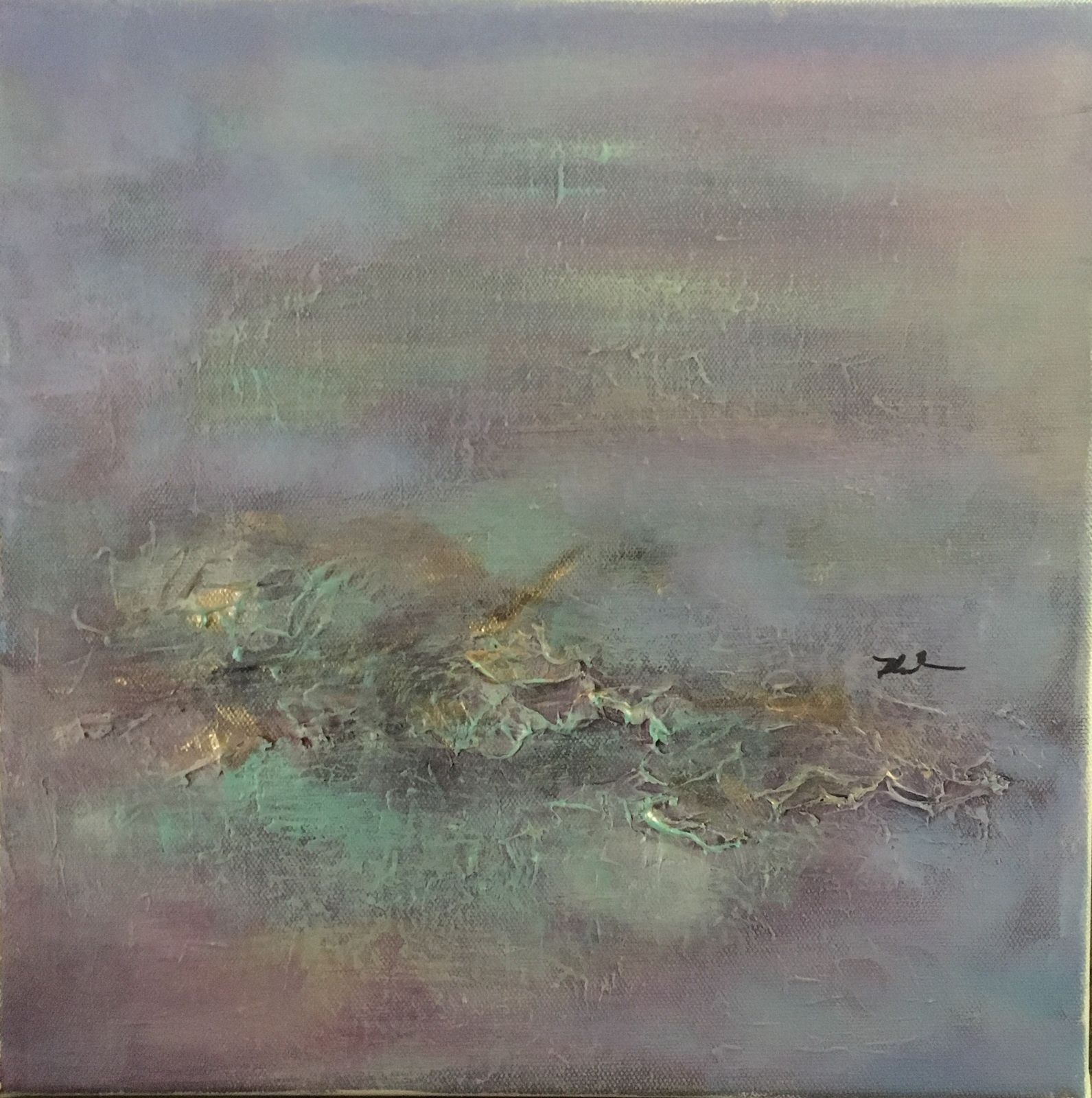 Non-objective painting of hazy violet and gray layers around a textured band of seafoam green and gold