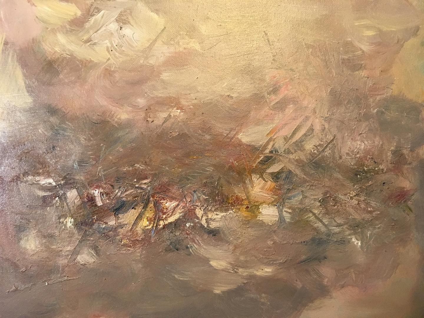 Non-objective painting of warm tan, peach and brown layers with a heavily textured band across the middle