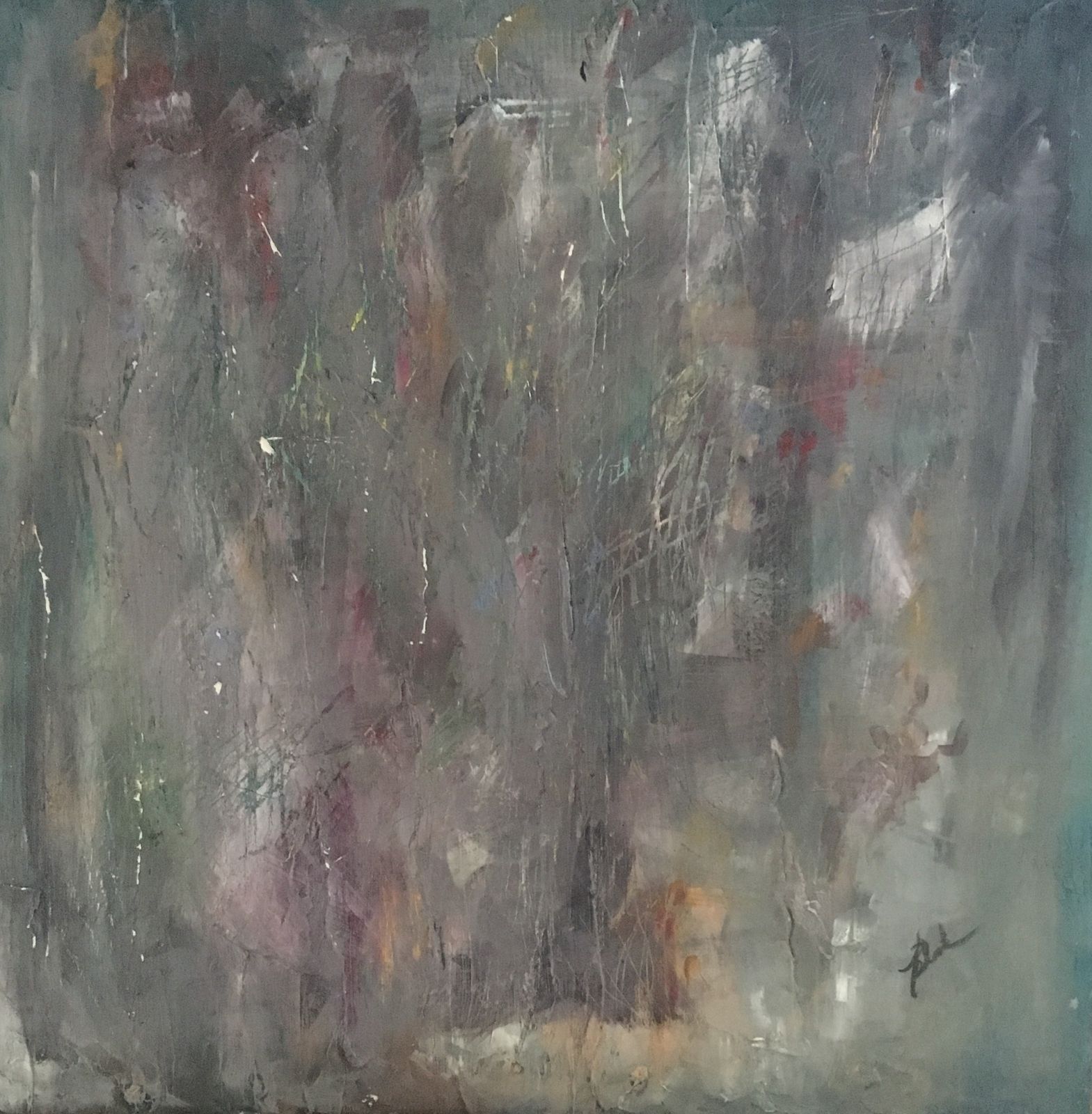 Non-objective painting of vertical, dragged strokes in muted mauve, gray and soft white