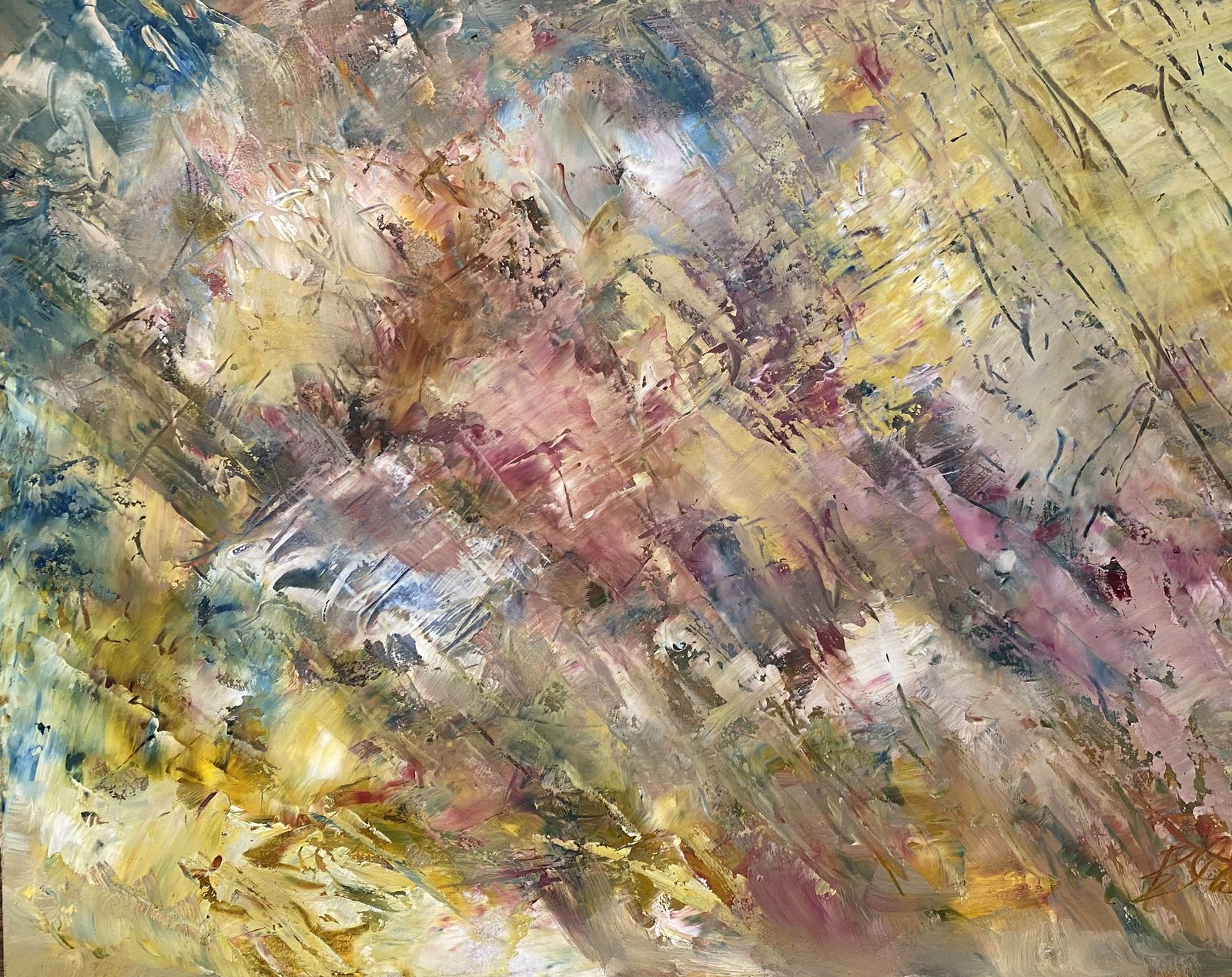 Thickly textured non-objective painting of crisscrossing strokes in gold, lilac, cream and soft green