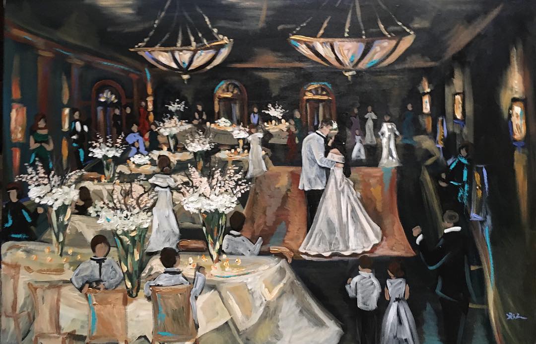 Live wedding painting of Allie and Troy dancing beneath chandeliers in a dark, candlelit reception hall