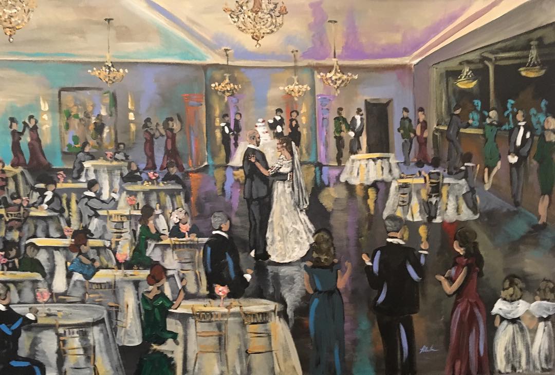 Live wedding painting of Adam and Jessica’s reception with guests at round tables under chandeliers