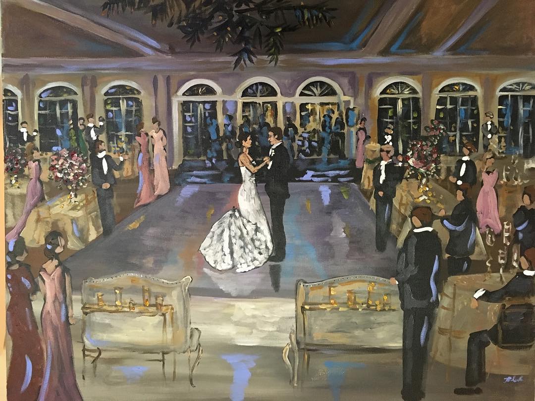 Live wedding painting of Jeremy and Emily’s first dance in a ballroom with arched windows