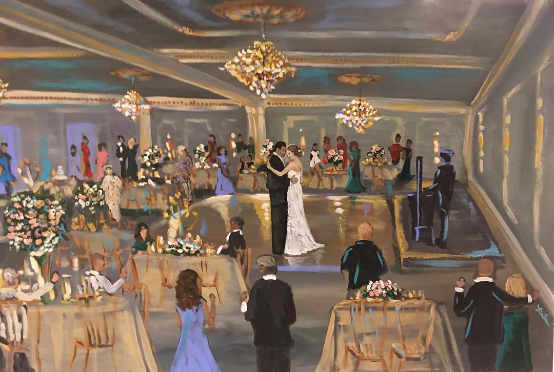 Live wedding painting of Noel and Robert’s first dance in a bright ballroom under gold chandeliers, guests at flower-topped tables