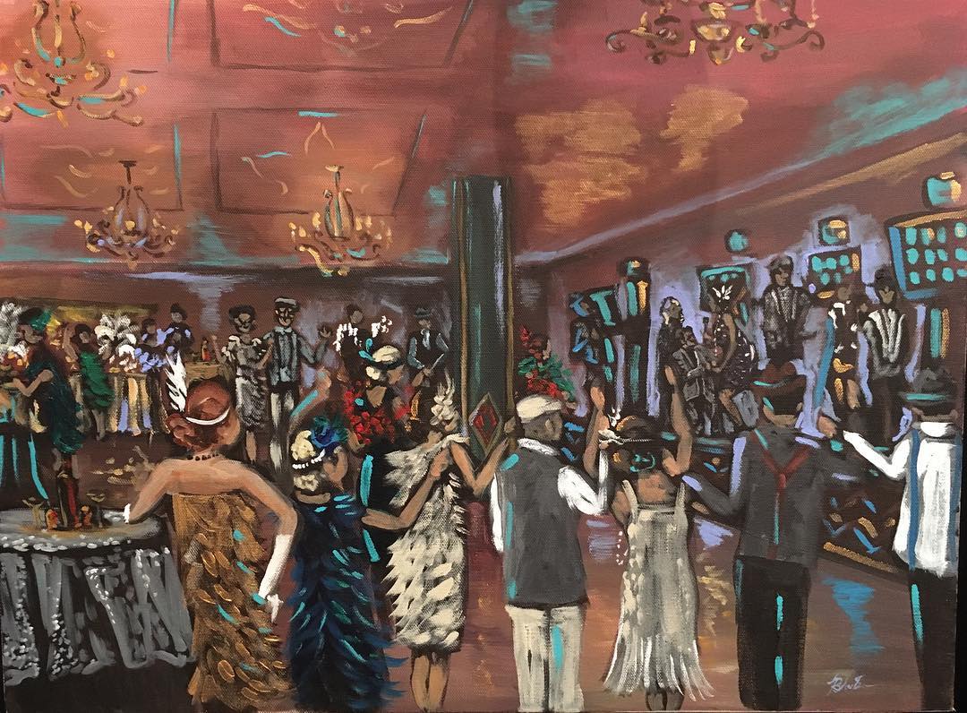 Live painting of guests in 1920s costume dancing at a roaring-twenties surprise party
