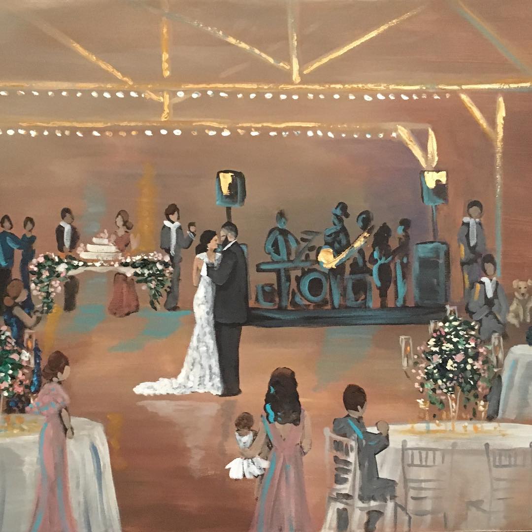 Live wedding painting of a couple dancing in front of the band under string lights