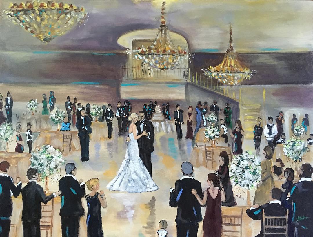 Live wedding painting of a first dance under crystal chandeliers at The Balcony Ballroom