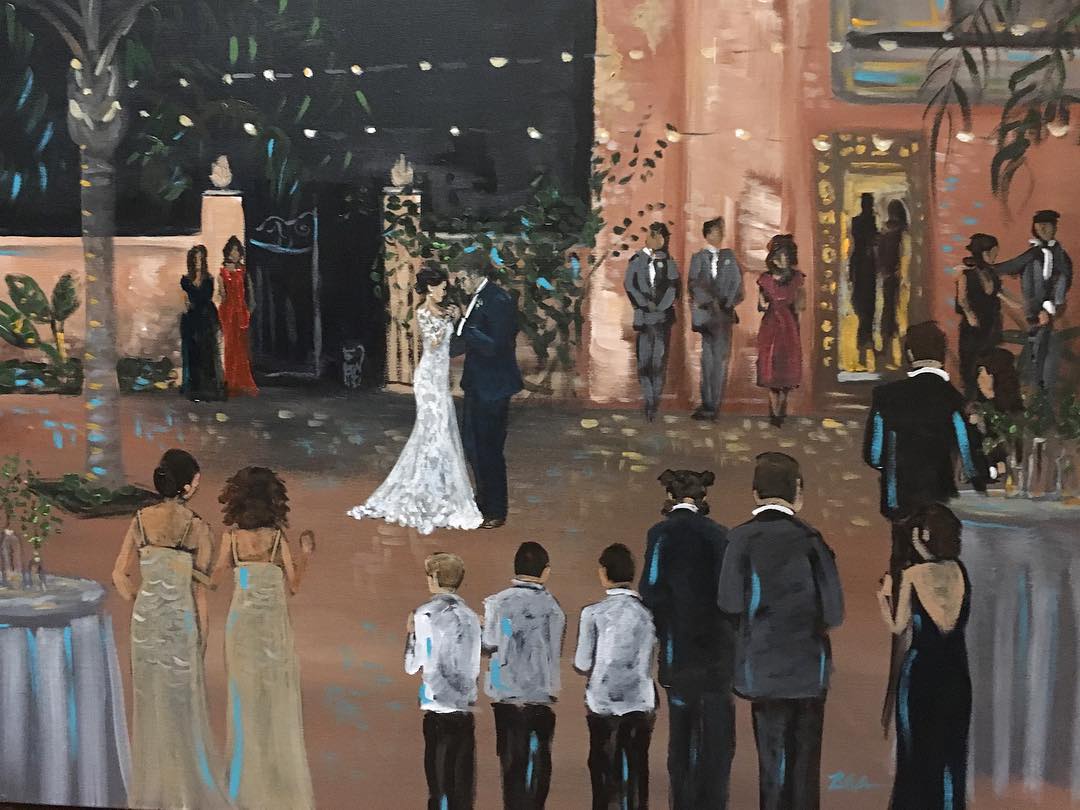 Live wedding painting of Melissa and Eric’s first dance in an evening courtyard under string lights, surrounded by their wedding party