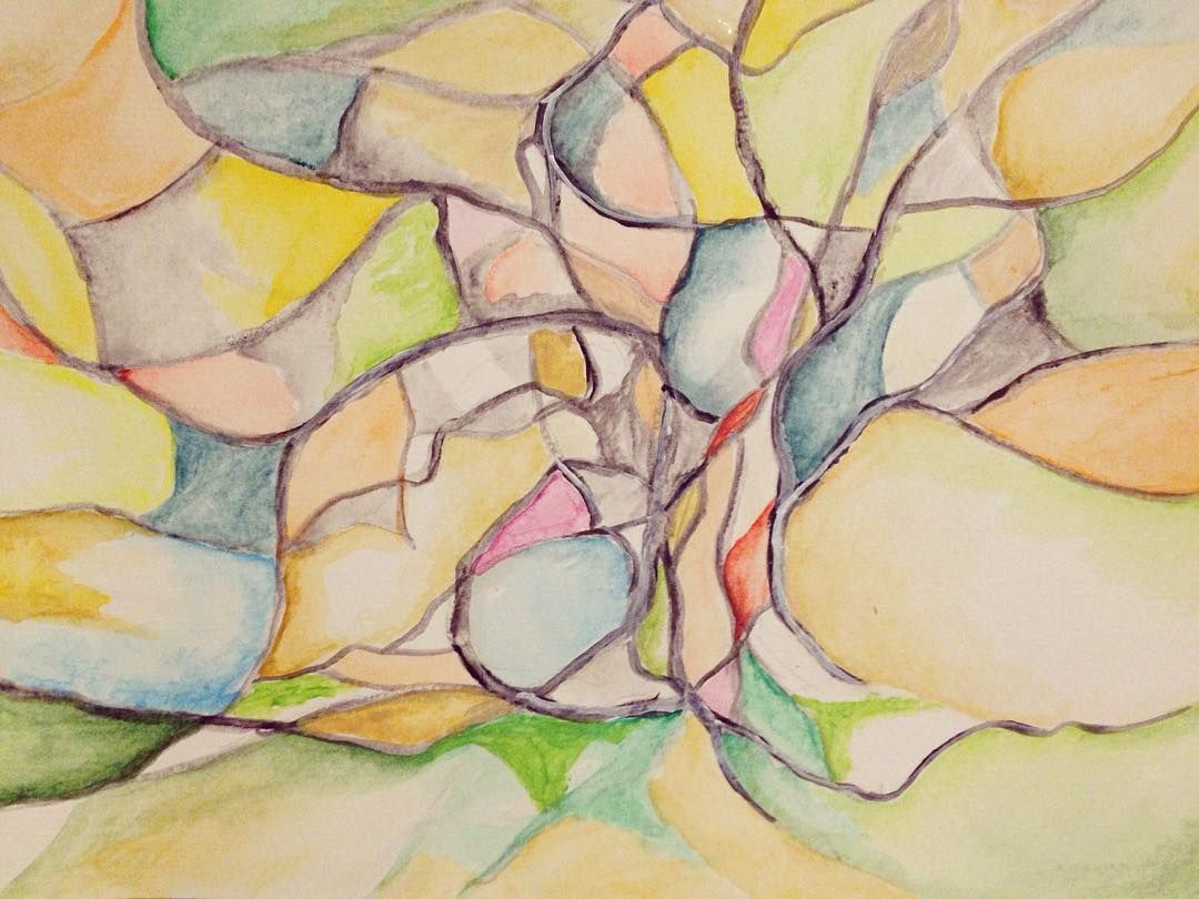 Stained Glass Oak: acrylic painting of an oak’s trunk and branches outlined in dark lines like leading, filled with pastel panes of yellow, blue, pink and green