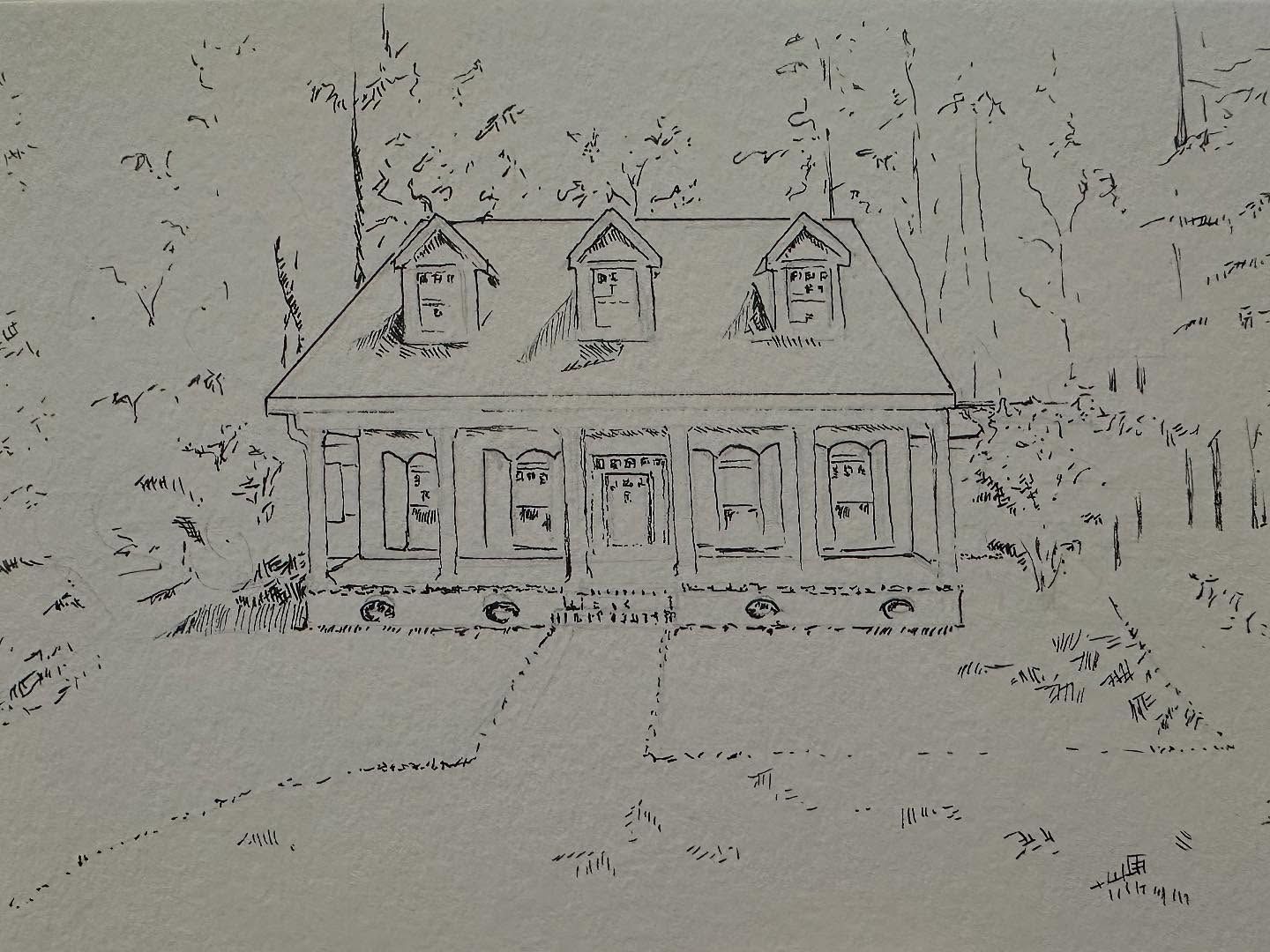 Process shot: ink linework of a house with three dormers before watercolor is added