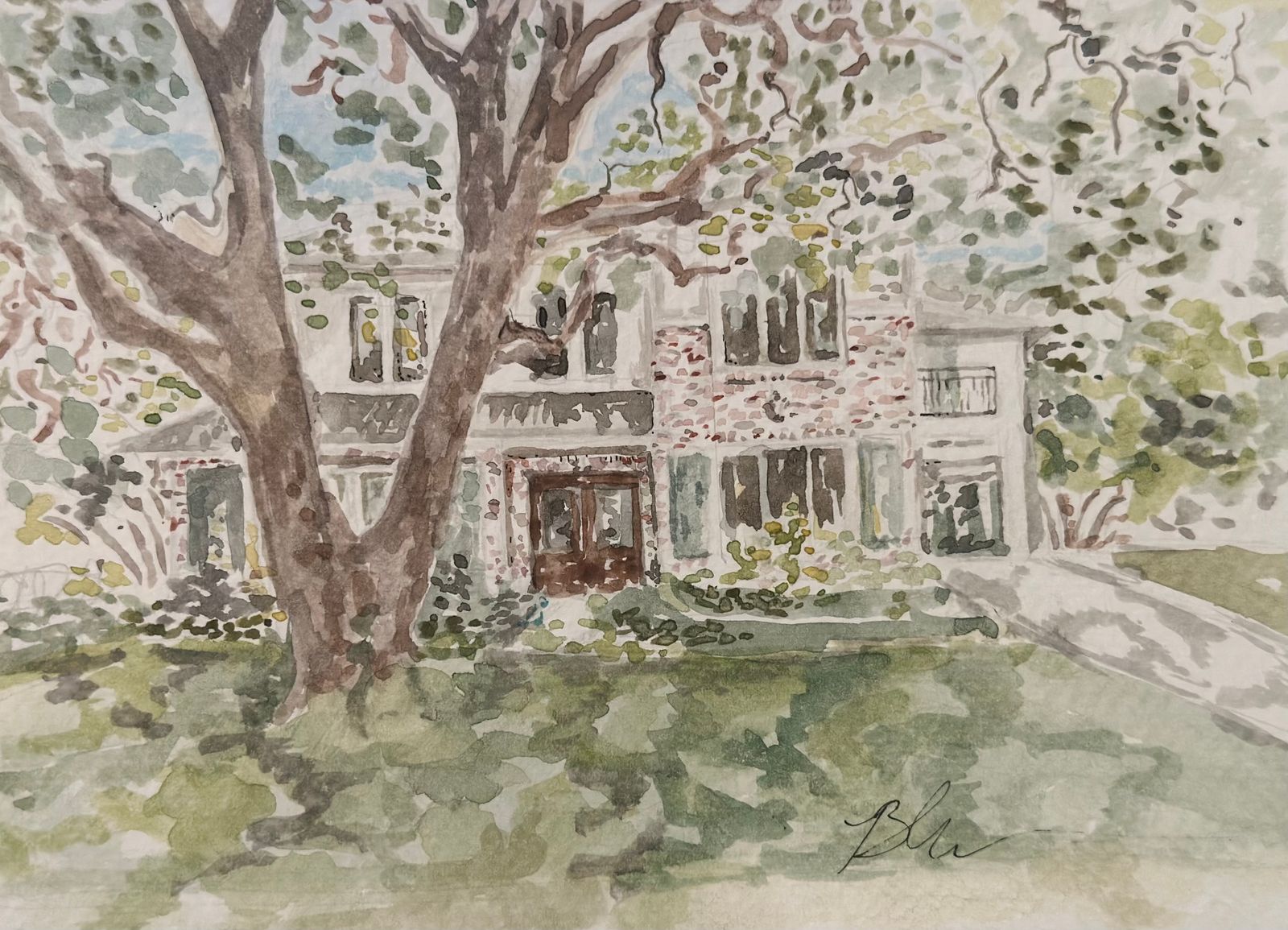 Signed watercolor of a two-story house with dark wooden double doors, partly hidden behind a large tree whose branches spread across the scene, above a green lawn
