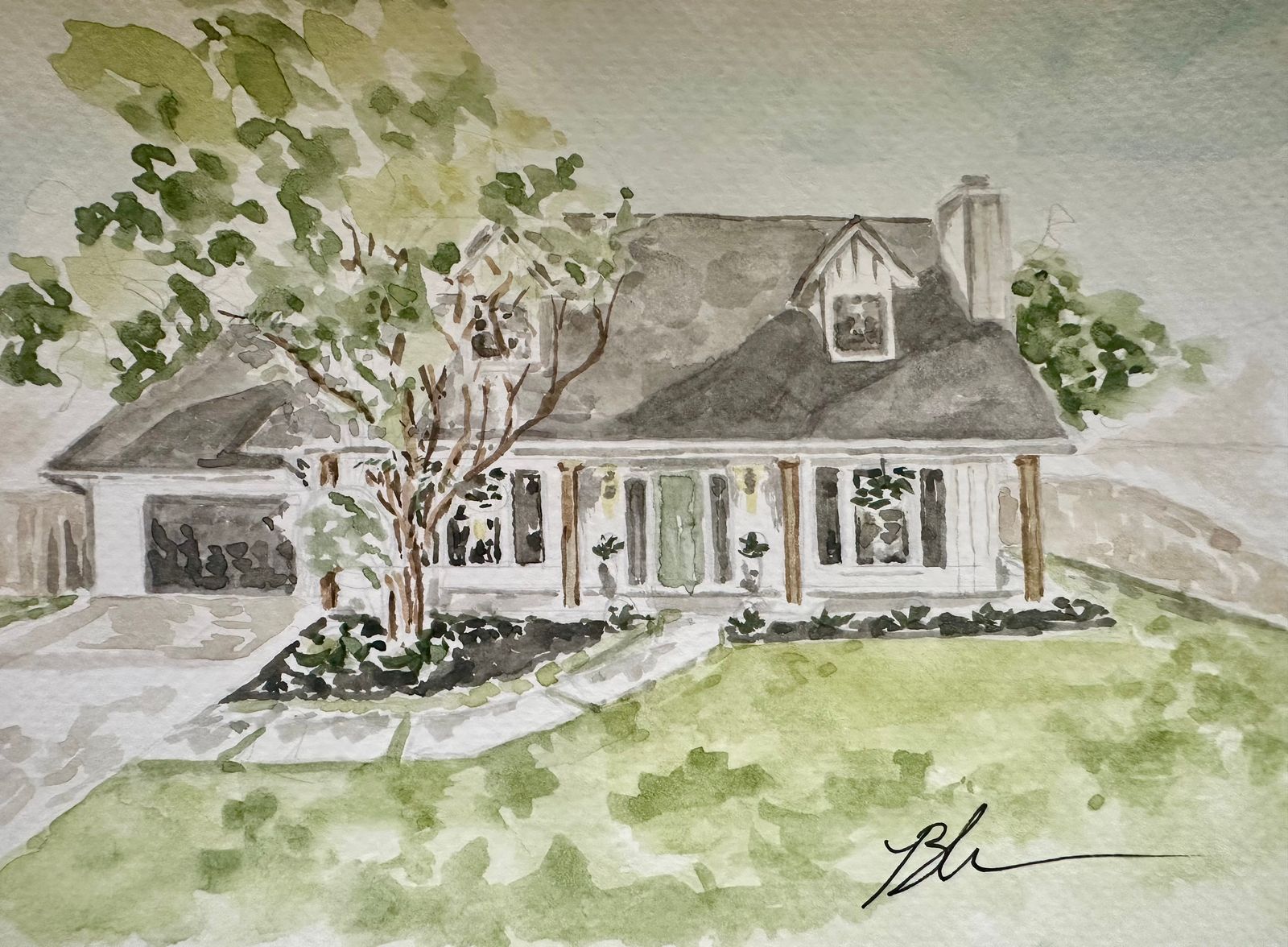 Signed watercolor of a white house with a gray roof, a dormer and chimney, a front porch and a green front door, beside a slender tree and a green lawn